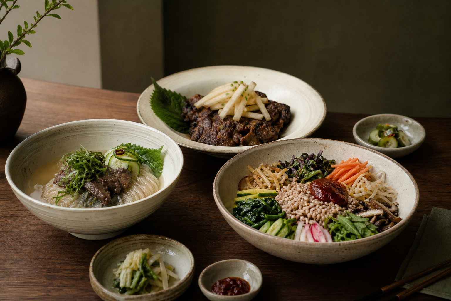 맑은 육수와 제철 고명을 올린 온결재 온면